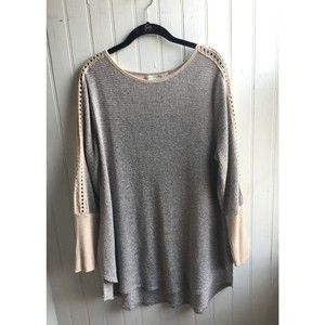 Soft Surroundings Bailey Gray Tan Tunic Sweater Eyelet Crochet Sleeve - Large
